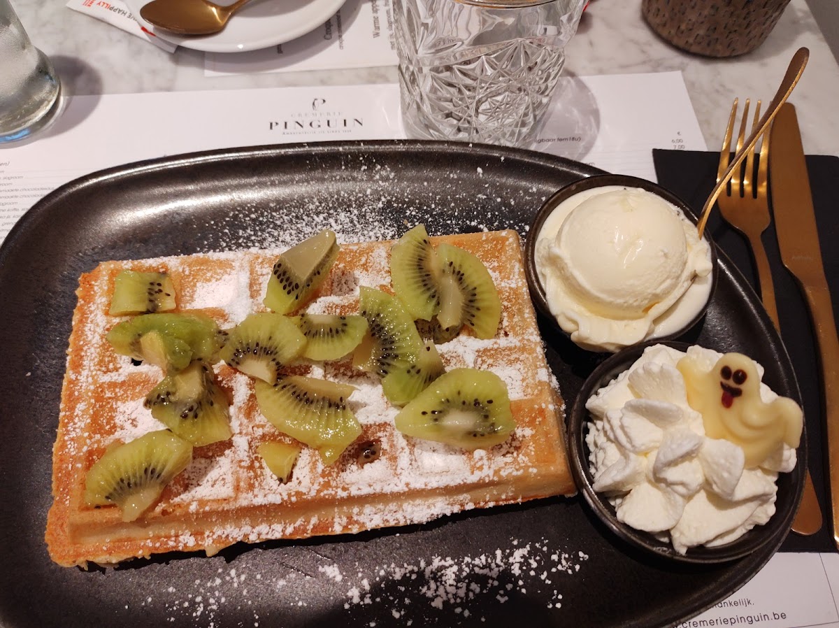 Wafel met kiwi en bolletje ijs op Pinguin bord